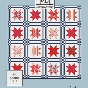 May include: A quilt pattern titled Liberty Patchwork #120 by Jen Belnap Design. The design features a grid of sixteen red star blocks in various patterns, separated by dark blue sashing and cornerstones on a white background. Includes a bonus pillow pattern.