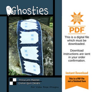 May include: A digital PDF pattern for a quilt featuring a row of blue and white ghosts. The pattern is called "Ghosties" and is designed by Tricia Lynn Maloney for Villa Rosa Designs.