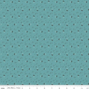 May include: A teal fabric with a repeating pattern of small white flowers and black dashes. The fabric is a quilting cotton and is perfect for crafting projects.