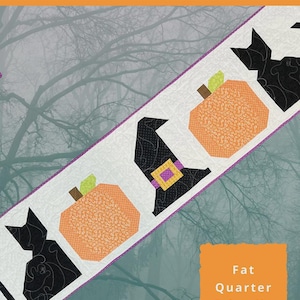 May include: A Halloween-themed table runner pattern with a white background, featuring black cats, orange pumpkins, and a witch's hat. The text "Midnight Magic Table Runner" is displayed at the top. Finished size is 17" x 69".
