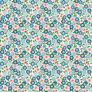 May include: A repeating pattern of small flowers in shades of blue and pink, with green leaves, against a white background. The flowers are densely packed, creating a floral design.