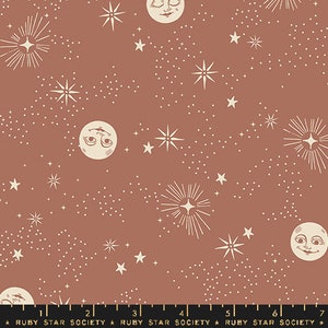 May include: Terracotta-colored fabric with a celestial pattern. The design features cream-colored moons with faces, stars, and bursts of light. The text at the bottom reads "RUBY STAR SOCIETY".