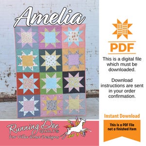 Op de afbeelding: Een kleurrijke quilt met sterpatronen in verschillende pastelkleuren, waaronder roze, blauw en geel. De quilt heet "Amelia" en is een digitale PDF-bestand van Running Doe Quilts voor Villa Rosa Designs.