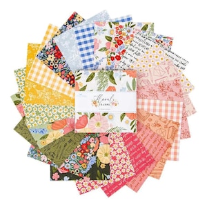 May include: A collection of floral fabric squares in various patterns and colors, including gingham, daisies, and floral prints. The fabric squares are arranged in a circular pattern, with a label that reads "Floral Charms".