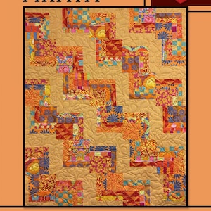 May include: A quilt pattern called "Pinata" by Villa Rosa Designs. The quilt is made of colorful fabric squares in shades of orange, yellow, red, and blue. The quilt is quilted in a wavy pattern.