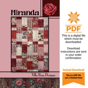 Może przedstawiać: Cyfrowy plik PDF do pobrania z wzorem patchworkowym na kołdrę o nazwie "Miranda" autorstwa Villa Rosa Designs. Wzór zawiera czerwone, białe i różowe elementy.