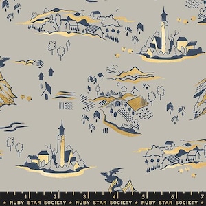 May include: A light gray fabric featuring a repeating pattern of dark blue and metallic gold illustrations of landscapes, houses, trees, sheep, and dragons. A black ruler with white markings and the text RUBY STAR SOCIETY is at the bottom.