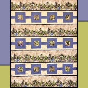May include: Quilt pattern titled "Link Up" by Molly Cook for Villa Rosa Designs. The quilt features a floral print with a blue and white geometric pattern.