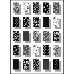 May include: A grayscale floral pattern design featuring various rectangular swatches with different floral and textured patterns. The swatches are arranged in a grid, showcasing a variety of designs in black, white, and gray.