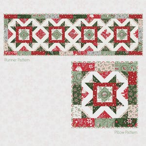 May include: A Little Christmas runner and pillow pattern. The design features a red banner with white text. The runner and pillow patterns have a repeating star and square design in red, green, and white. The runner is 18 inches by 60 inches.