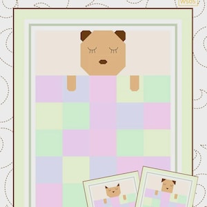 May include: A quilt pattern titled "Baby Dreams Quilt" featuring a geometric bear design in pastel colors. The finished quilt size is 39.5" x 49.5". Includes options for kitten and puppy designs. The block sizes are 6" x 6" and 10" x 10".