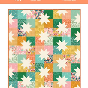 May include: A colorful quilt pattern titled "Star Pop II" with a geometric design. The quilt features large white star shapes set against a patchwork of squares in various colors, including pink, green, yellow, and orange. The pattern is designed for baby, throw, twin, queen, and king sizes.