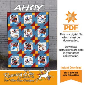 Pode incluir: Padrão de quilt Ahoy para download em PDF. O padrão apresenta um tema náutico com um navio pirata, um polvo e criaturas marinhas. O quilt é feito de quadrados vermelhos, amarelos e azuis.
