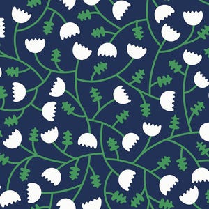 May include: A seamless pattern featuring white, stylized flowers with scalloped edges and green leaves and stems against a dark blue background. The floral design is repeated across the surface.