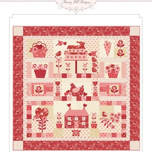 May include: A patchwork quilt with a garden theme, featuring red and pink floral and bird motifs. The quilt includes images of houses, flowers, and birds. The text "My Polka Dot Garden" is at the bottom. The Bunny Hill Designs logo is at the top.