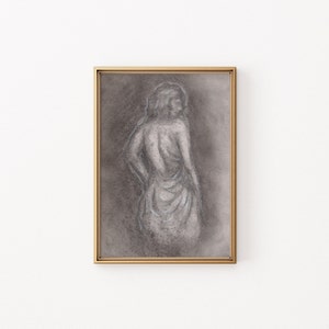 Black and White Sketch Drawing for French Country Decor Vintage Female Art Print Naked Woman Charcoal Drawing Female Figure Feminine Art