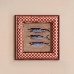 Impresión de sardinas, lata de sardinas, póster vintage, arte de pared retro de sardinas, arte de cocina europea, póster de sardinas, arte costero, estética central de pescadores