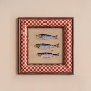 Impresión de sardinas, lata de sardinas, póster vintage, arte de pared retro de sardinas, arte de cocina europea, póster de sardinas, arte costero, estética central de pescadores