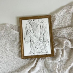 Framed Charcoal Drawing of Female Figure Art for French Country Decor Antique Female Sketch Print Naked Woman Sketch in Vintage Gold Frame