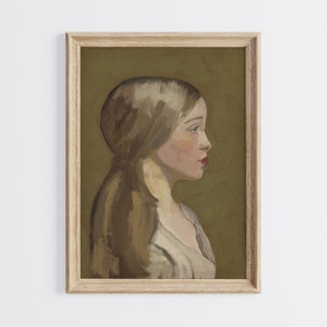 May include: A framed painting of a woman with long, flowing blonde hair. She is wearing a white shirt and is looking to the right. The background is a muted green.