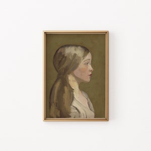 May include: A framed painting of a woman's profile with long brown hair. The painting is set against a green background.