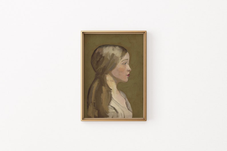 May include: A framed painting of a woman's profile with long brown hair. The painting is set against a green background.