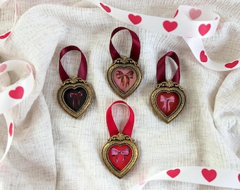 Valentine Cottage Core Coquette Bow Painting in Tiny Gilded Gold Frame Pink Hand Painted Miniature Art Burgundy Ribbon Heart-Shaped Wall Art