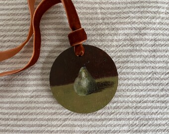 Christmas Ornament-Vintage Pear Still Life-Antique Still Life with Fruit-Original Handmade Acrylic Art-Miniature Art