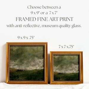 2 gold frames with beading frames a vintage English countryside landscape art print. The frames are sitting on beige fabric with a white wall in the background. These words are above the frames: Choose between a 
9 x 9 “ or a 7 x 7 ” 
FRAMED FINE ART PRINT
with anti-reflective, museum quality glass.
