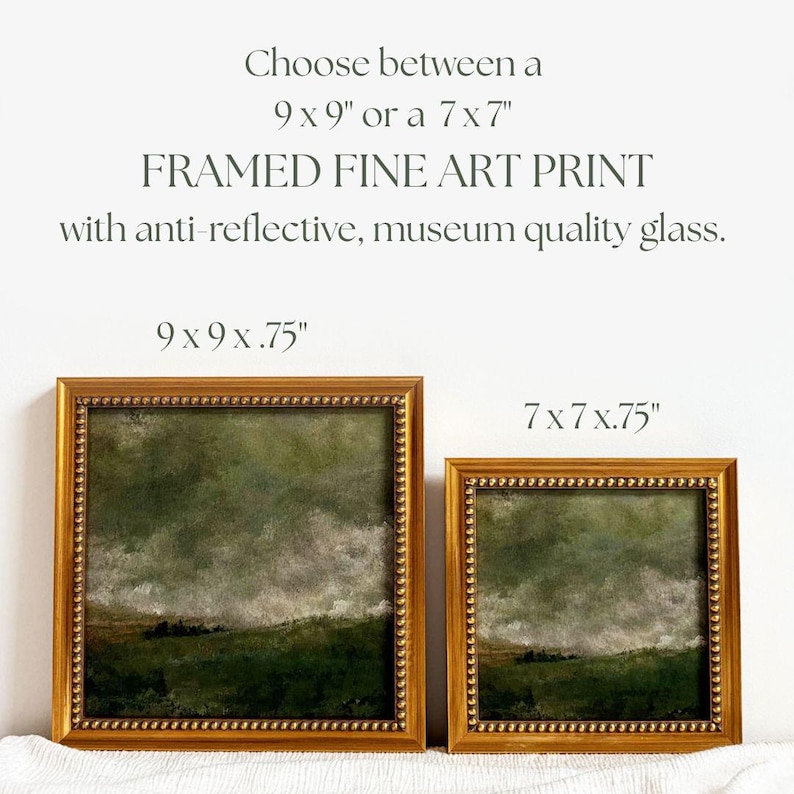 2 gold frames with beading frames a vintage English countryside landscape art print. The frames are sitting on beige fabric with a white wall in the background. These words are above the frames: Choose between a 
9 x 9 “ or a 7 x 7 ” 
FRAMED FINE ART PRINT
with anti-reflective, museum quality glass.