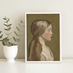 May include: A framed painting of a woman with long brown hair, wearing a white dress, against a green background.