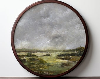 Printed and Shipped | Round Landscape Painting | Vintage Wall Art | Antique Country Decor | Moody Rustic Print | Nature Scenery | Art Print