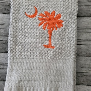 Handmade Embroidered South Carolina State Design Palmetto Moon Kitchen Towel Clemson Orange on Gray Towel