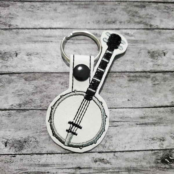 Handmade Embroidered Banjo Key Fob Keychain Ivory or Gray
