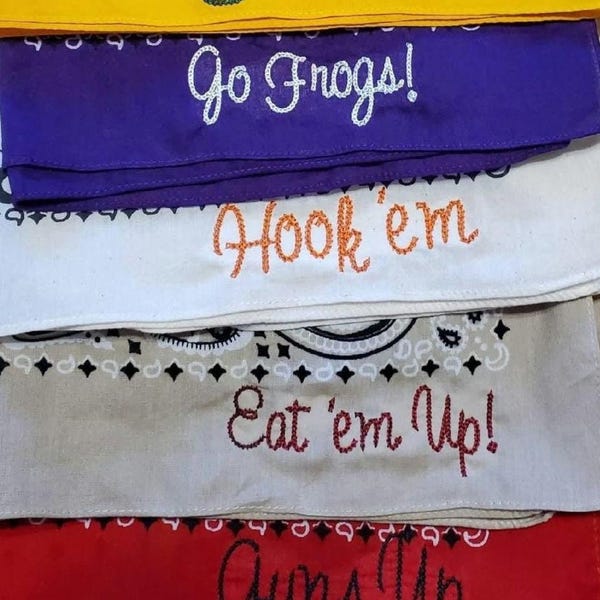 Embroidered College School Team Bandana Texas Oklahoma  Any School Team Mascot Custom Options Names Monograms Sororities Text Only
