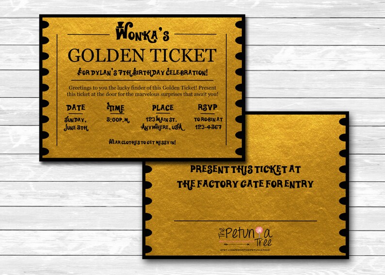 Willy Wonkas Golden Ticket celebration invitation, chocolate manufacturing unit, printable, personalized, gold, chocolate, entrance, again, card, The Petunia Tree graphic about Wonka Golden Ticket Printable referred to as Willy Wonkas Golden Ticket celebration invitation, chocolate manufacturing facility, printable, custom made, gold, chocolate, entrance, back again, card, The Petunia Tree