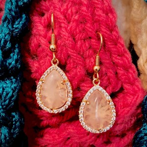 Artisan Earrings, Rose Quartz Gold-Toned Pear Drop with Halo Pave Round Crystals