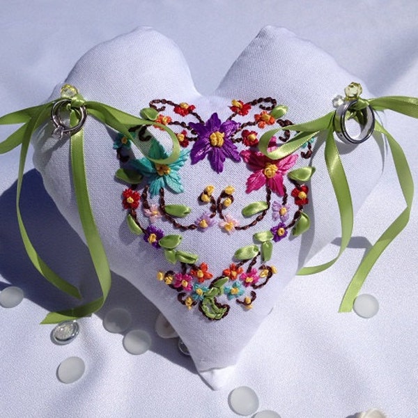 Wedding Ring Bearer Pillow handmade ribbon embroidered heart shape