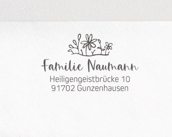 Adressstempel Blumenwiese, selbstfärbender Stempel oder Holzstempel, personalisierter Adressenstempel, ADREST