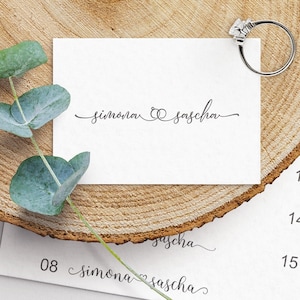 Hochzeitsstempel Ringe / Herz mit Schnörkel, Namen, Holzstempel personalisiert