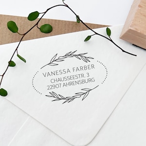 Personalisierter Adressstempel mit ovalen Rahmen aus Zweige, Holzstempel oder selbstfärbender Stempel, ADREST