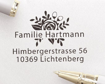 Adressstempel, selbstfärbender Stempel oder Holzstempel, personalisierter Adressenstempel, Familienstempel, Blumenbouquet, ADREST