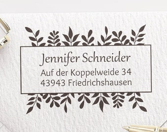 Adressstempel, selbstfärbender Stempel oder Holzstempel, personalisiert, Absender Stempel, Adressenstempel, Rahmen, Blätter, Zweige, ADREST