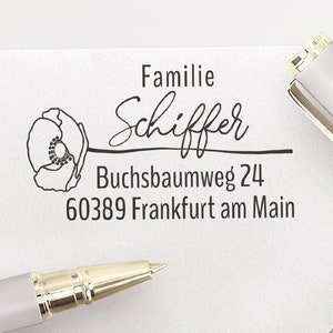Adressstempel, selbstfärbender Stempel oder Holzstempel, personalisierter Adressenstempel, Familienstempel, Mohnblume, ADREST