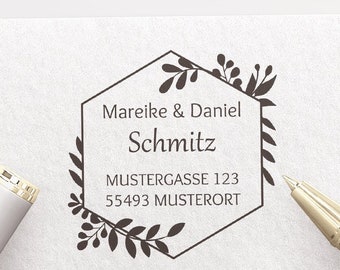 Adressstempel, selbstfärbender Stempel oder Holzstempel, Absender, personalisiert, Adressenstempel, Hexagon, Blätter, Zweige, ADREST