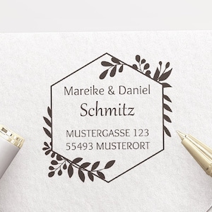 Adressstempel, selbstfärbender Stempel oder Holzstempel, Absender, personalisiert, Adressenstempel, Hexagon, Blätter, Zweige, ADREST