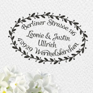 Adressstempel, Holzstempel, Hochzeitsstempel, 60x40mm, personalisierbar, rechteckiger Stempel, Blätterrahmen, ADREST, BRHS2