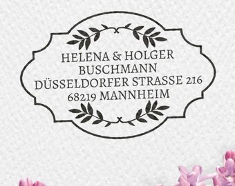 Adressstempel, Holzstempel, Hochzeitsstempel, 60x40mm, personalisierbar, rechteckiger Stempel, Rahmen, Blätter, Zweige, ADREST, HSMR1