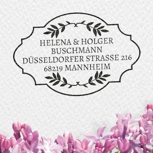 Adressstempel, Holzstempel, Hochzeitsstempel, 60x40mm, personalisierbar, rechteckiger Stempel, Rahmen, Blätter, Zweige, ADREST, HSMR1