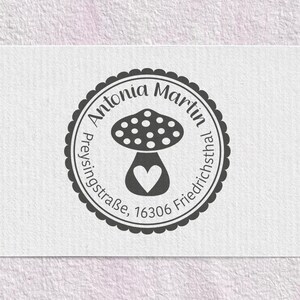 Adressstempel Fliegenpilz für Kinder, Holzstempel o. selbstfärbender Stempel, Geschenkidee, Geburtstag, Einschulung, Kinderstempel, KSTADR